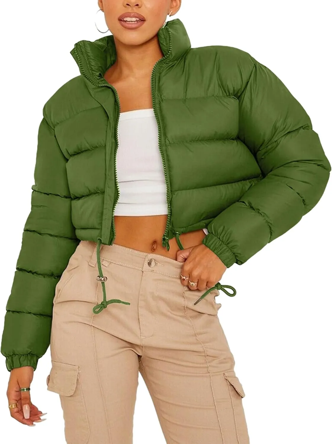 COZYPOIN Women Quilted Down Jacket Stand Collar Long Sleeve Zipper Cropped Puffer Jacket Coat