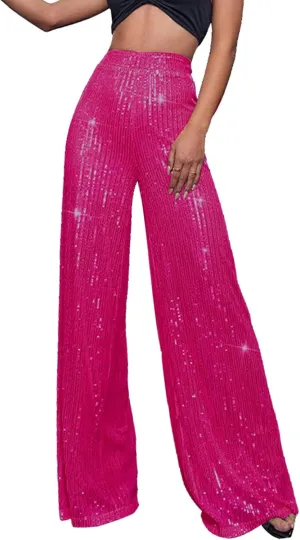 CRNTCEM Women High Waist Sparkle Pants Tummy Control Drape Wide Leg Trouser Lightweight Wedding Party Club Sequin Casual Pant