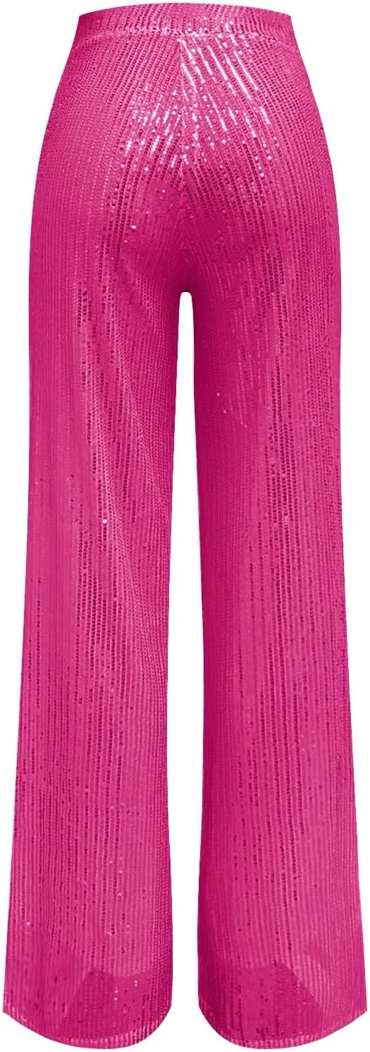 CRNTCEM Women High Waist Sparkle Pants Tummy Control Drape Wide Leg Trouser Lightweight Wedding Party Club Sequin Casual Pant