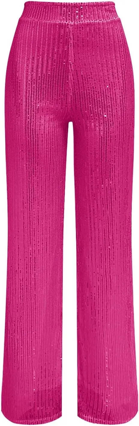 CRNTCEM Women High Waist Sparkle Pants Tummy Control Drape Wide Leg Trouser Lightweight Wedding Party Club Sequin Casual Pant