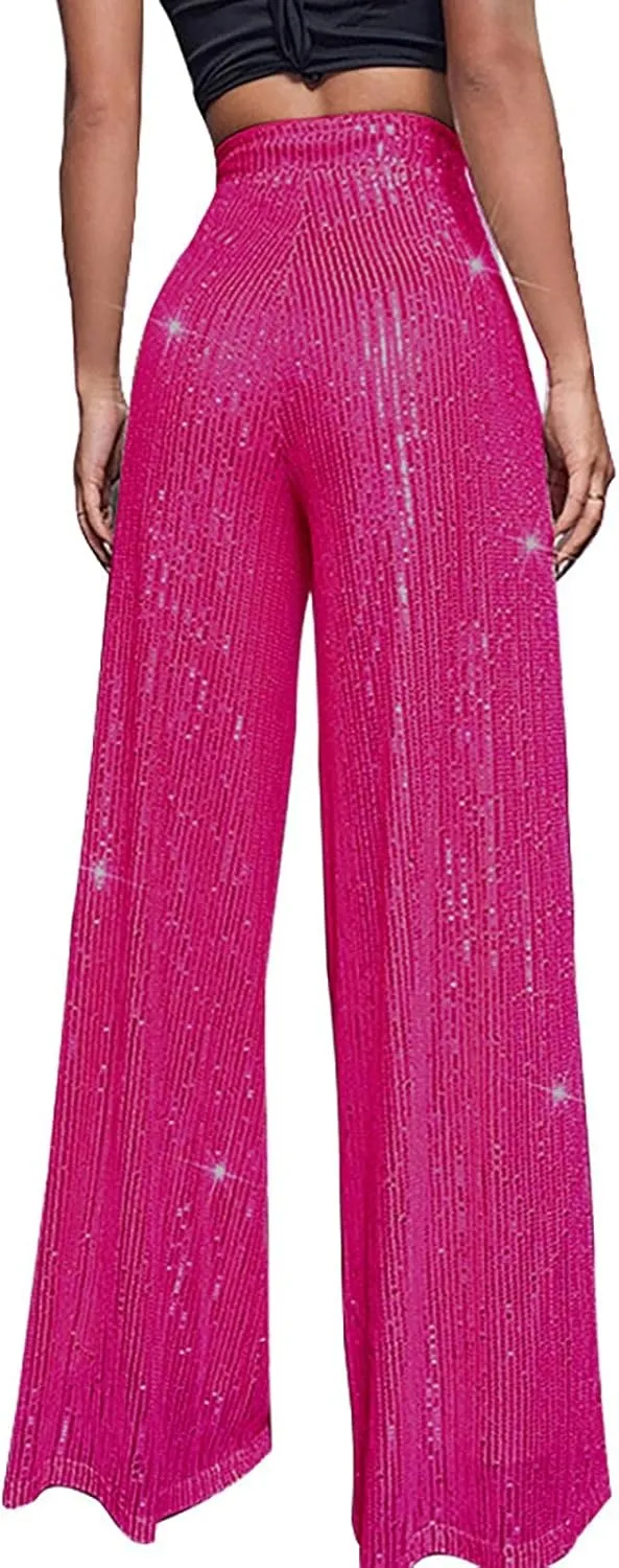 CRNTCEM Women High Waist Sparkle Pants Tummy Control Drape Wide Leg Trouser Lightweight Wedding Party Club Sequin Casual Pant