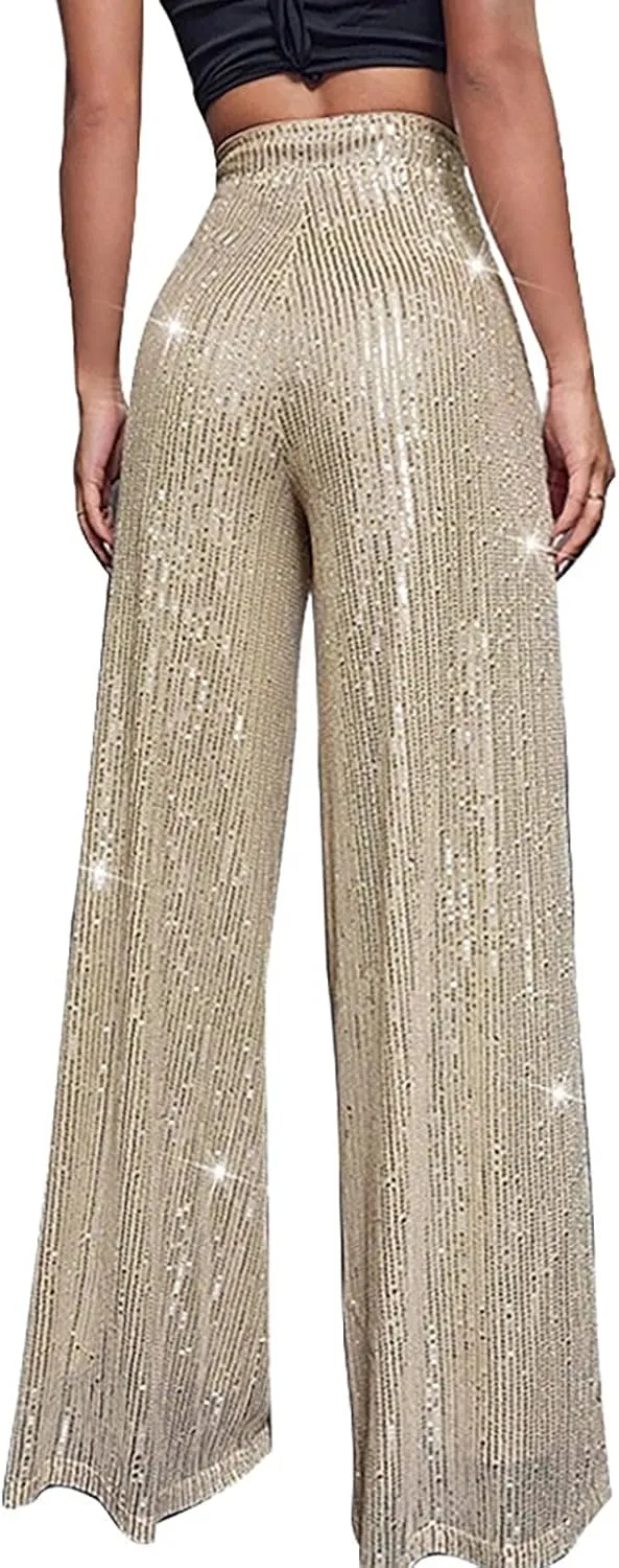CRNTCEM Women Sparkle Wide Leg Pants Comfy Disco Themed Party Clubwear Vintage Y2K Pants High Wasit Straight Trousers