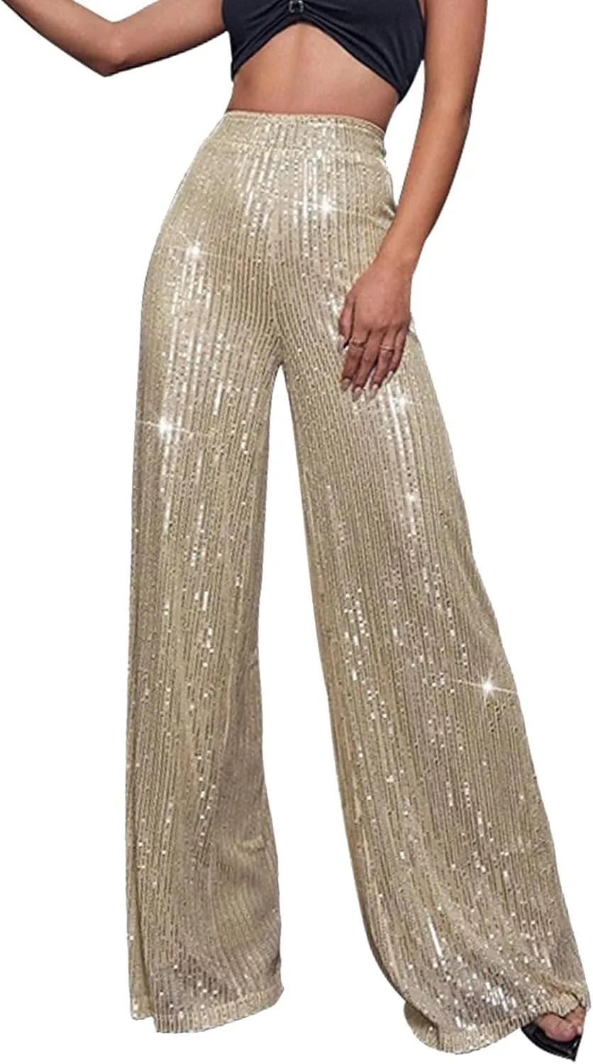 CRNTCEM Women Sparkle Wide Leg Pants Comfy Disco Themed Party Clubwear Vintage Y2K Pants High Wasit Straight Trousers