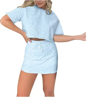 Cropped Tee Skort Set Sweat Skirt Sets Women 2 Piece Outfits Two Piece Tennis Skirt Set for Women Dressy Long