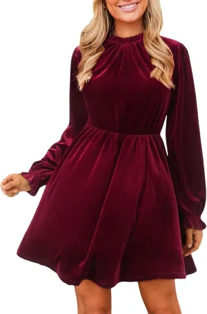 CUPSHE Women's Velvet Dress High Neck Long Sleeve Fall Mini Party Ruffled Wedding Guest Dress