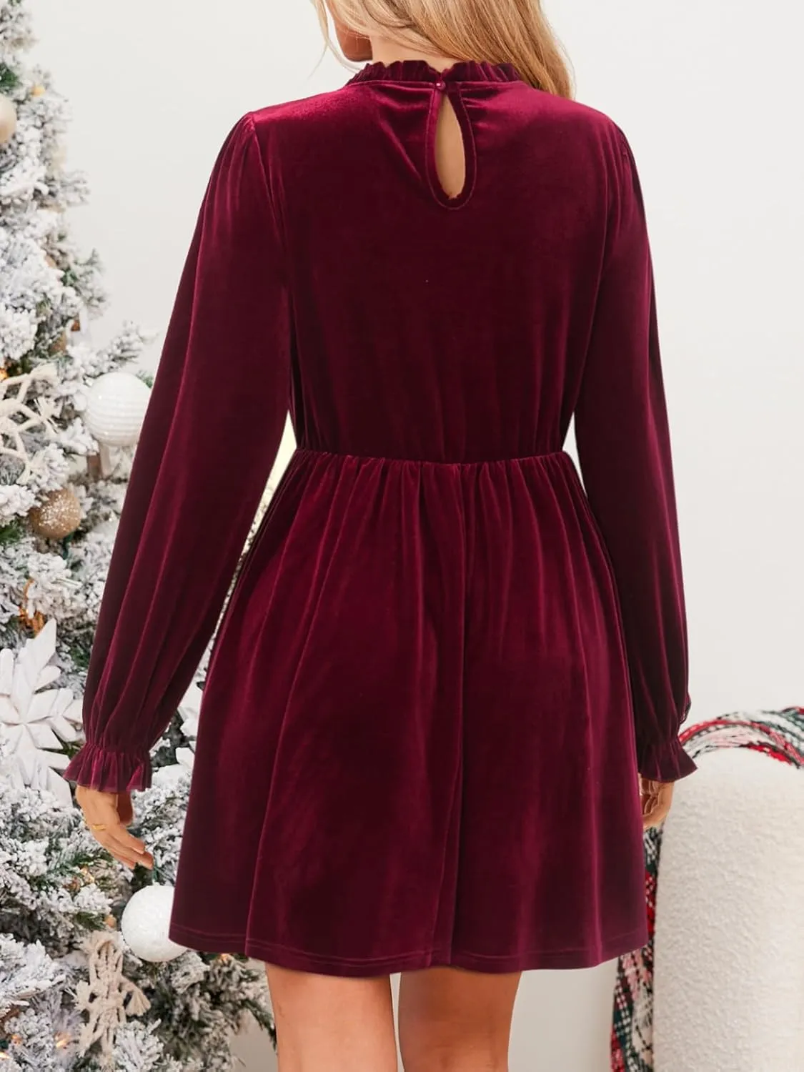 CUPSHE Women's Velvet Dress High Neck Long Sleeve Fall Mini Party Ruffled Wedding Guest Dress