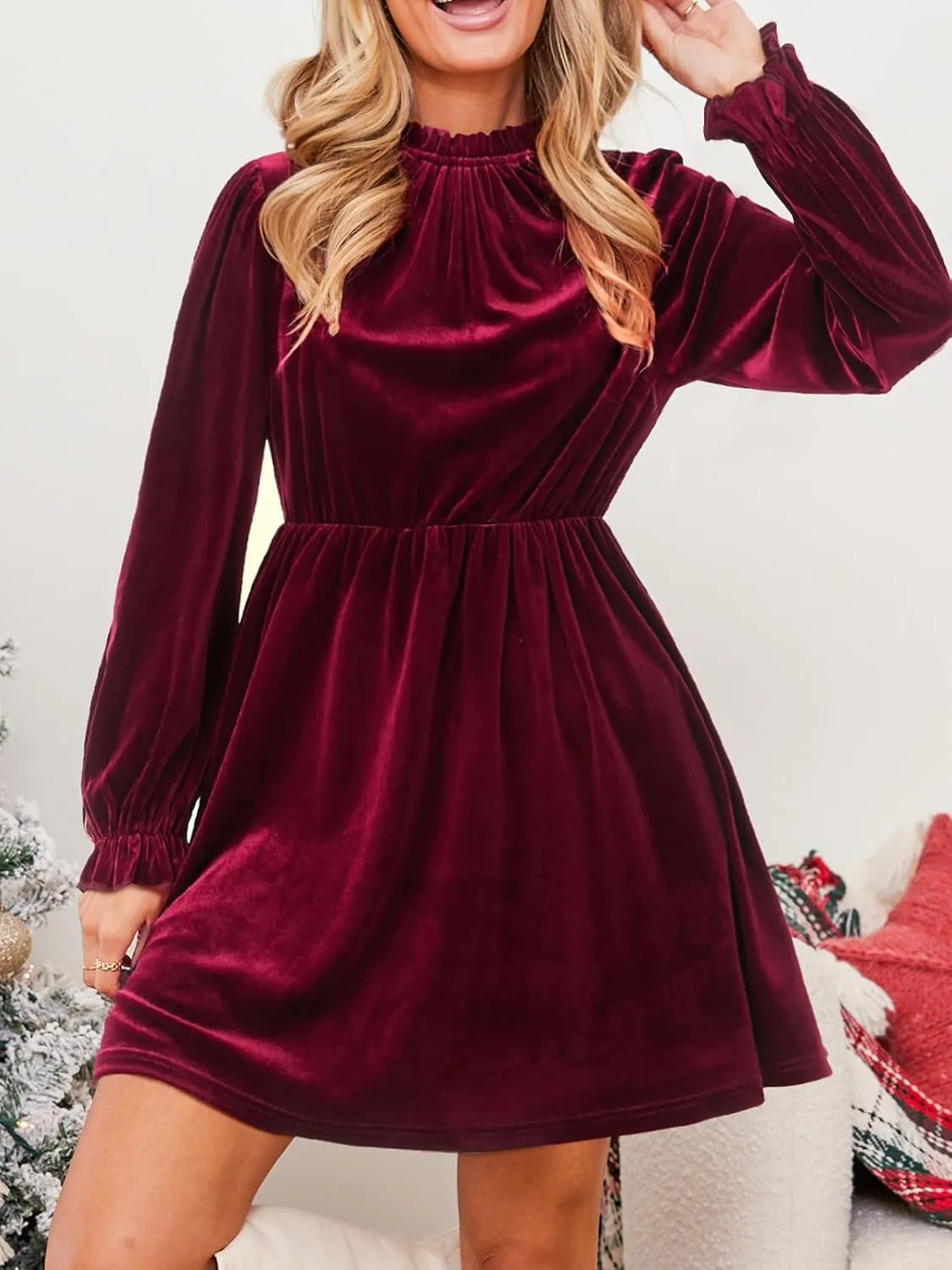 CUPSHE Women's Velvet Dress High Neck Long Sleeve Fall Mini Party Ruffled Wedding Guest Dress