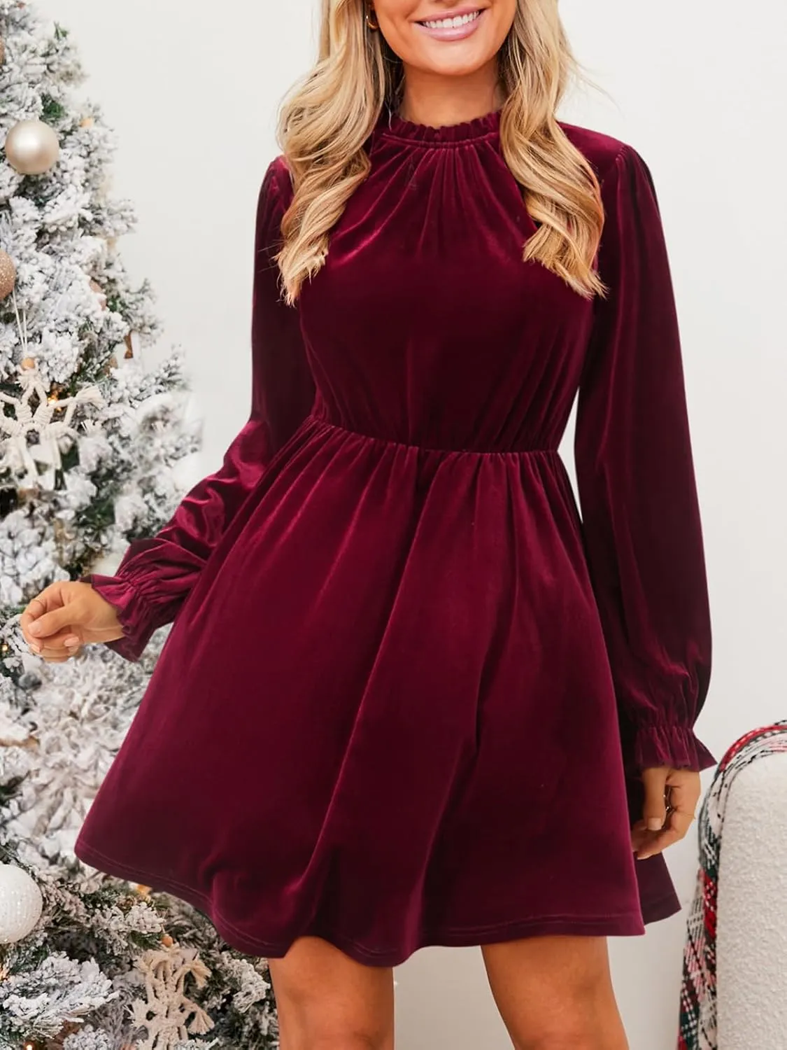 CUPSHE Women's Velvet Dress High Neck Long Sleeve Fall Mini Party Ruffled Wedding Guest Dress