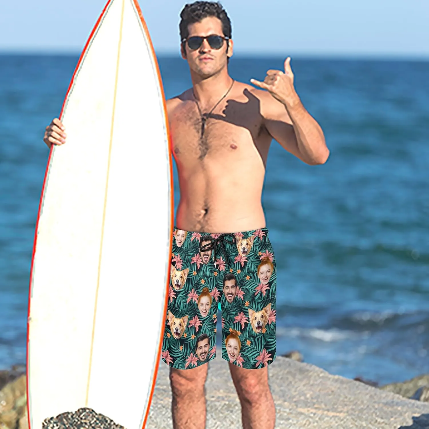 Custom Mens Swim Trunks with Face Personalized Photo Hawaiian Swim Shorts Customized Funny Beach Board Shorts