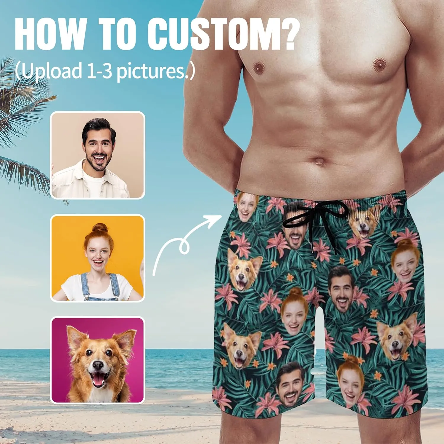Custom Mens Swim Trunks with Face Personalized Photo Hawaiian Swim Shorts Customized Funny Beach Board Shorts