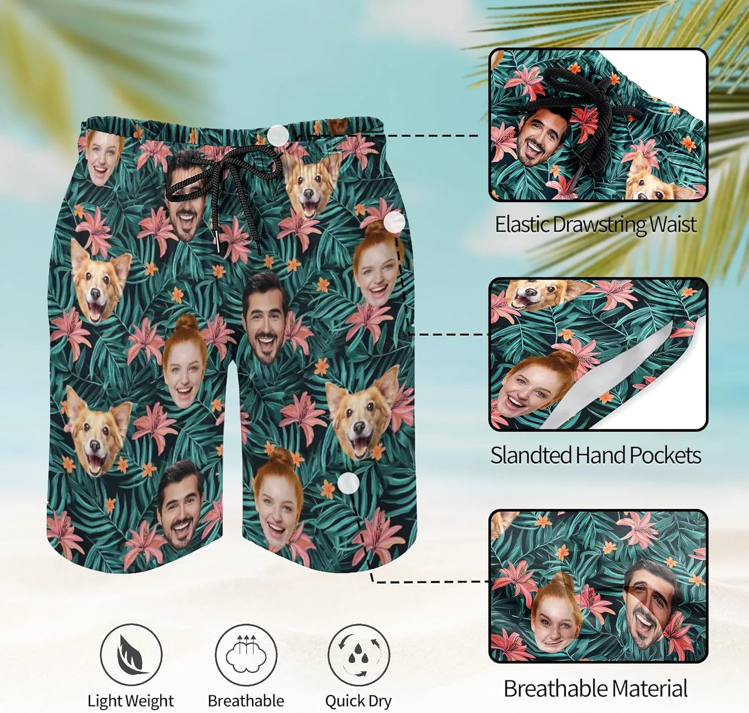 Custom Mens Swim Trunks with Face Personalized Photo Hawaiian Swim Shorts Customized Funny Beach Board Shorts