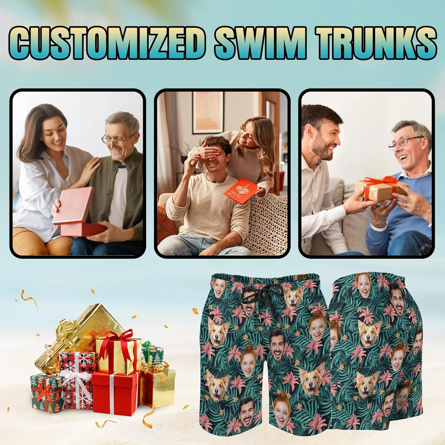 Custom Mens Swim Trunks with Face Personalized Photo Hawaiian Swim Shorts Customized Funny Beach Board Shorts