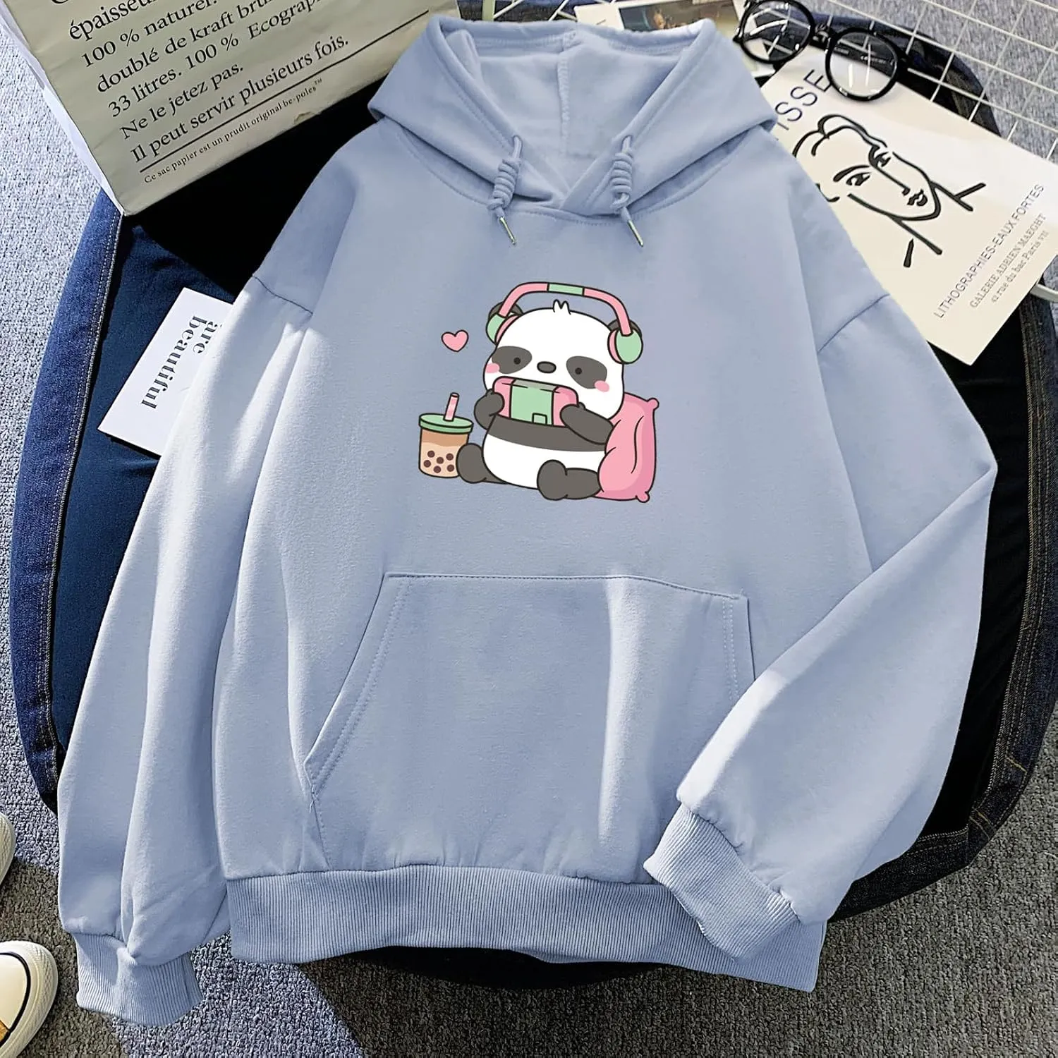 Cute Panda Graphic Oversized Hoodies for Teen Girls Kawaii Cartoon Sweatshirt Women Casual Cotton Fleece Pullover