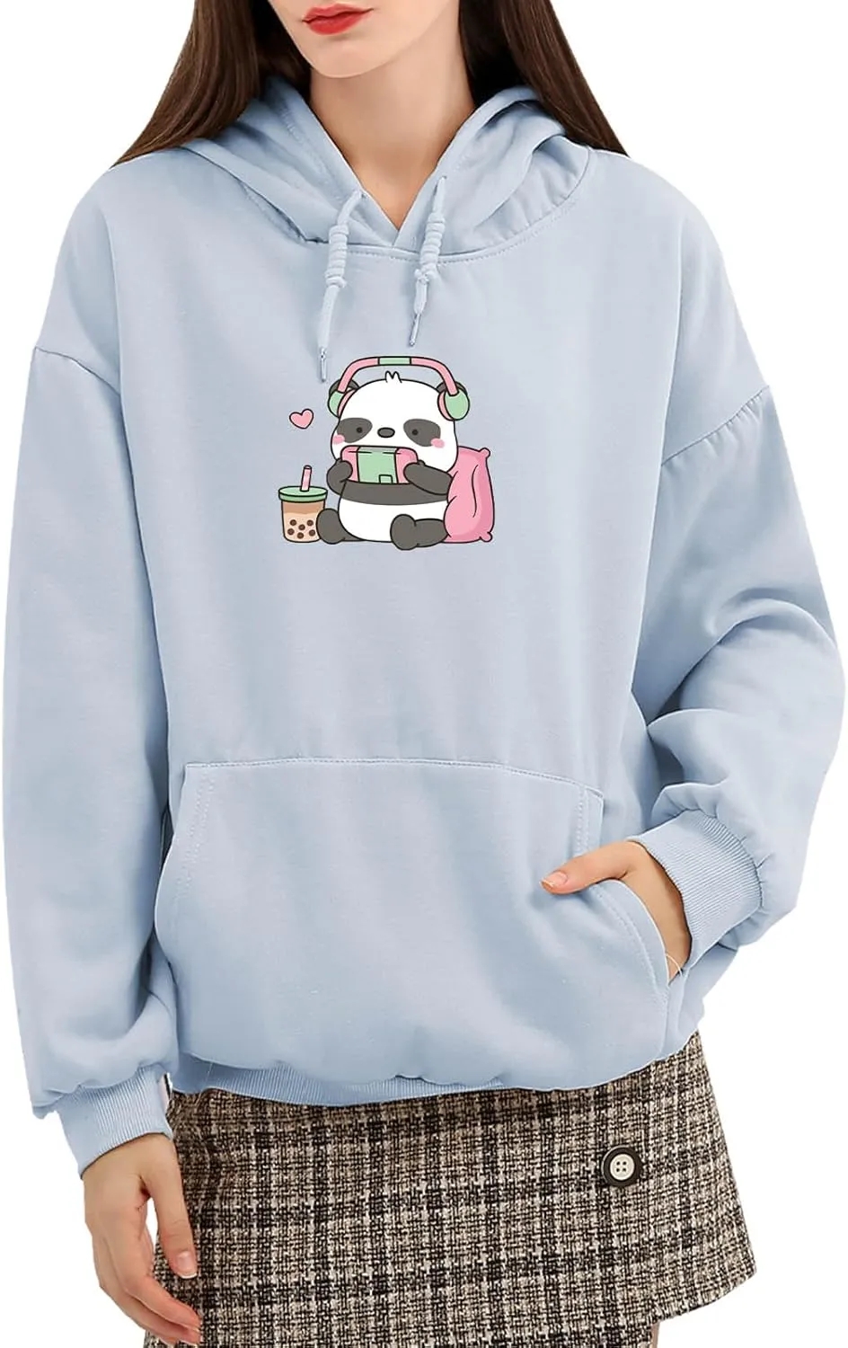 Cute Panda Graphic Oversized Hoodies for Teen Girls Kawaii Cartoon Sweatshirt Women Casual Cotton Fleece Pullover
