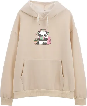 Cute Panda Graphic Oversized Hoodies for Teen Girls Kawaii Cartoon Sweatshirt Women Casual Cotton Fleece Pullover