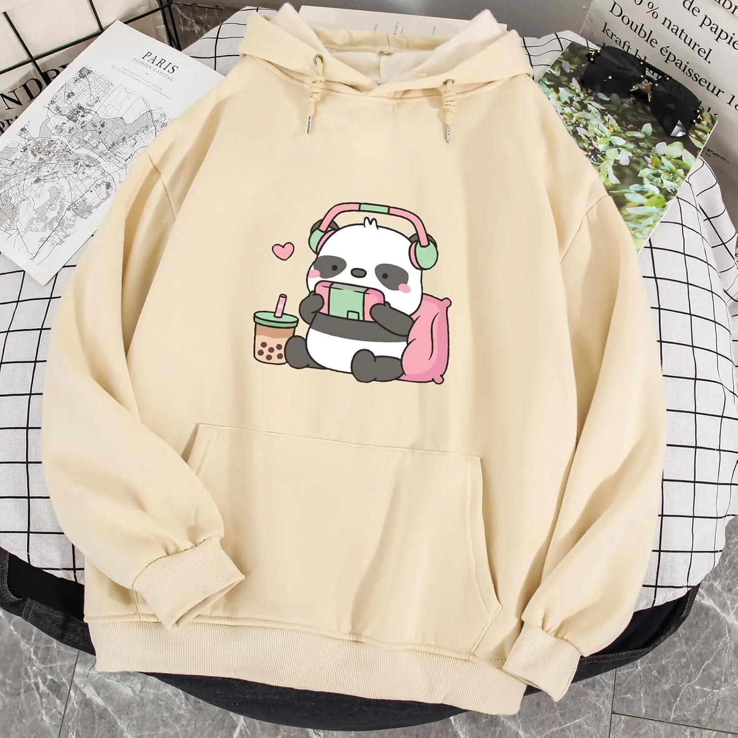 Cute Panda Graphic Oversized Hoodies for Teen Girls Kawaii Cartoon Sweatshirt Women Casual Cotton Fleece Pullover