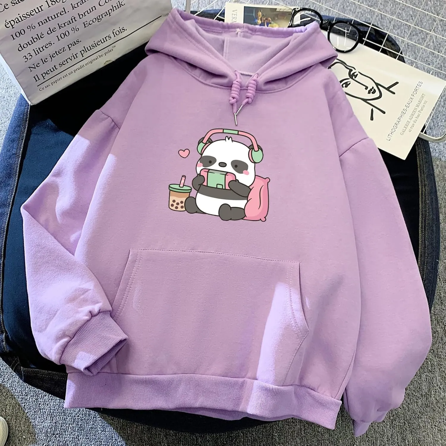 Cute Panda Graphic Oversized Hoodies for Teen Girls Kawaii Cartoon Sweatshirt Women Casual Cotton Fleece Pullover
