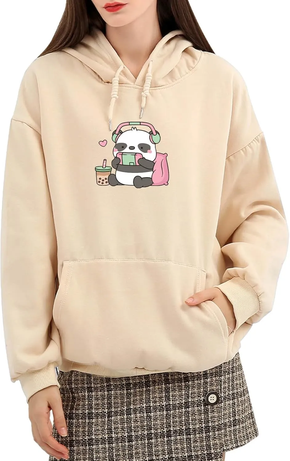 Cute Panda Graphic Oversized Hoodies for Teen Girls Kawaii Cartoon Sweatshirt Women Casual Cotton Fleece Pullover