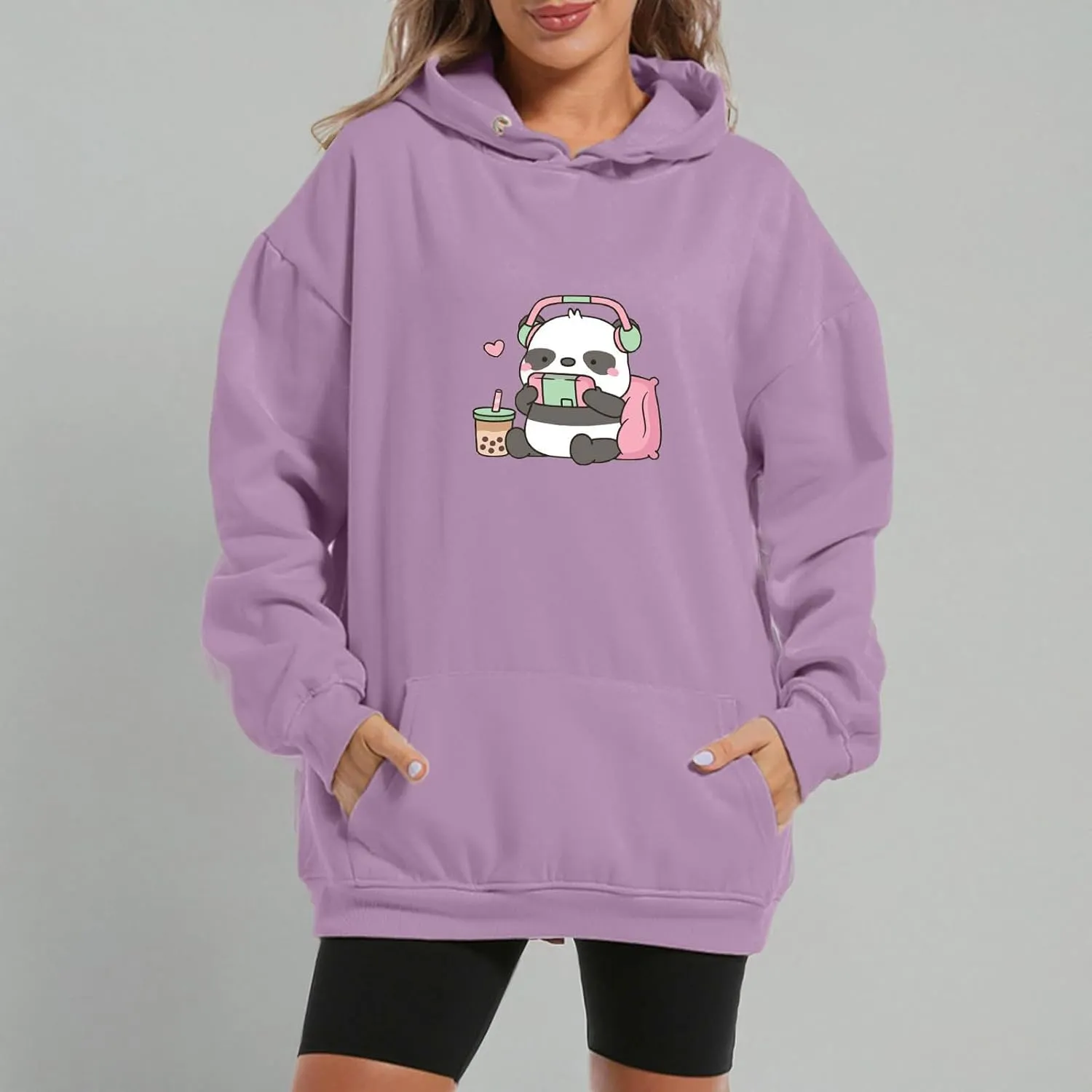 Cute Panda Graphic Oversized Hoodies for Teen Girls Kawaii Cartoon Sweatshirt Women Casual Cotton Fleece Pullover