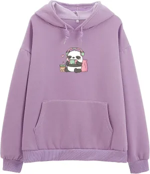 Cute Panda Graphic Oversized Hoodies for Teen Girls Kawaii Cartoon Sweatshirt Women Casual Cotton Fleece Pullover