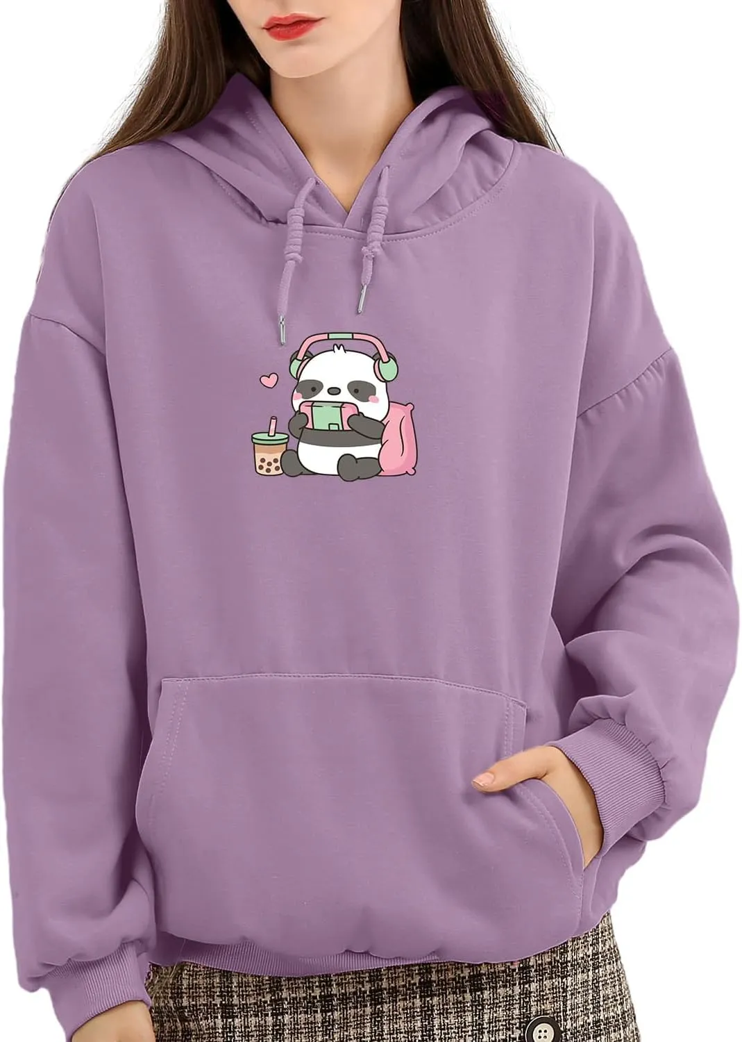 Cute Panda Graphic Oversized Hoodies for Teen Girls Kawaii Cartoon Sweatshirt Women Casual Cotton Fleece Pullover