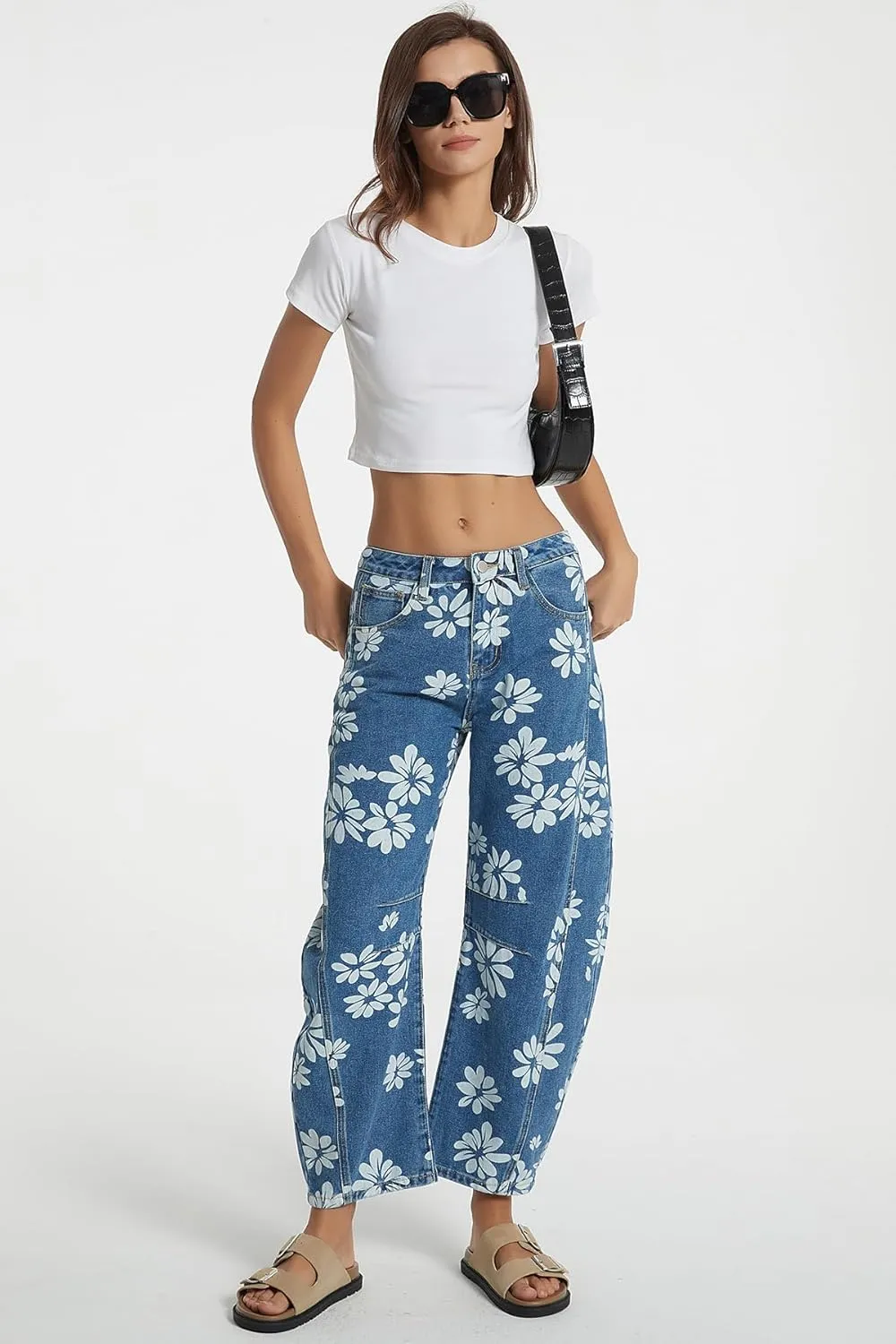 D-Sun Women Printed Barrel Jeans Casual Low Rise Floral Printed Cropped Wide Leg Denim Pants Boyfriend Baggy Jean with Pocket