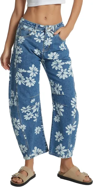 D-Sun Women Printed Barrel Jeans Casual Low Rise Floral Printed Cropped Wide Leg Denim Pants Boyfriend Baggy Jean with Pocket