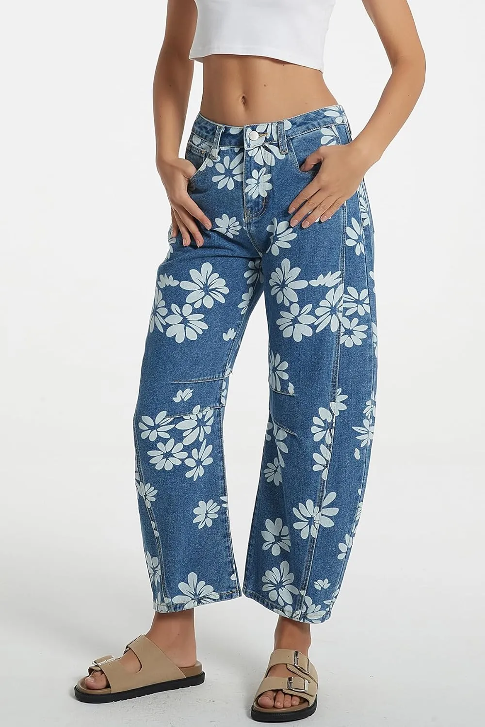 D-Sun Women Printed Barrel Jeans Casual Low Rise Floral Printed Cropped Wide Leg Denim Pants Boyfriend Baggy Jean with Pocket