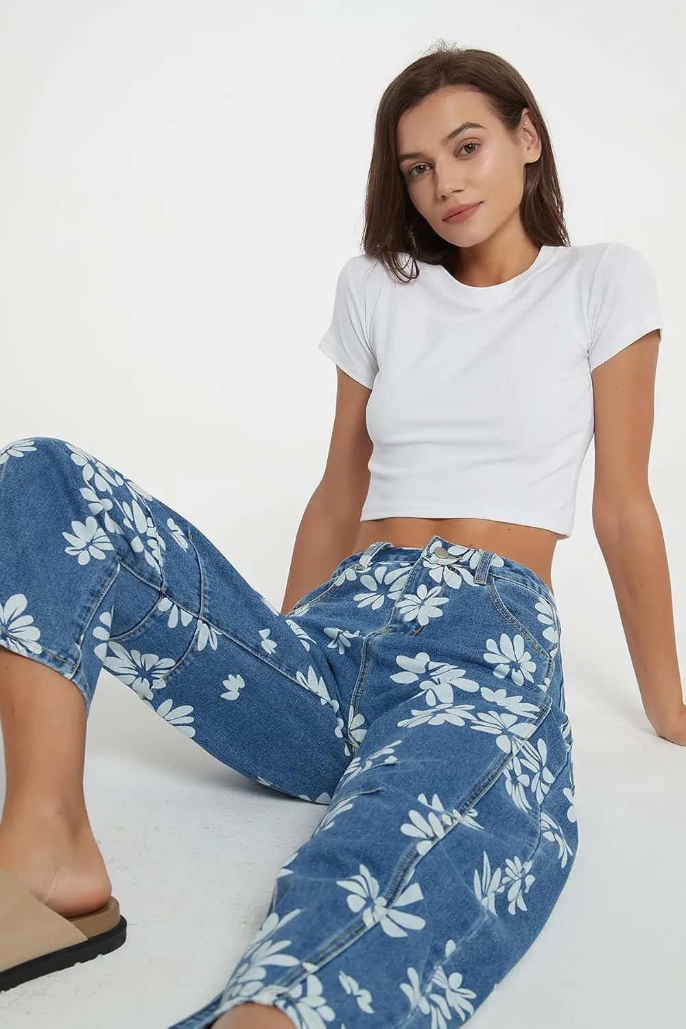 D-Sun Women Printed Barrel Jeans Casual Low Rise Floral Printed Cropped Wide Leg Denim Pants Boyfriend Baggy Jean with Pocket