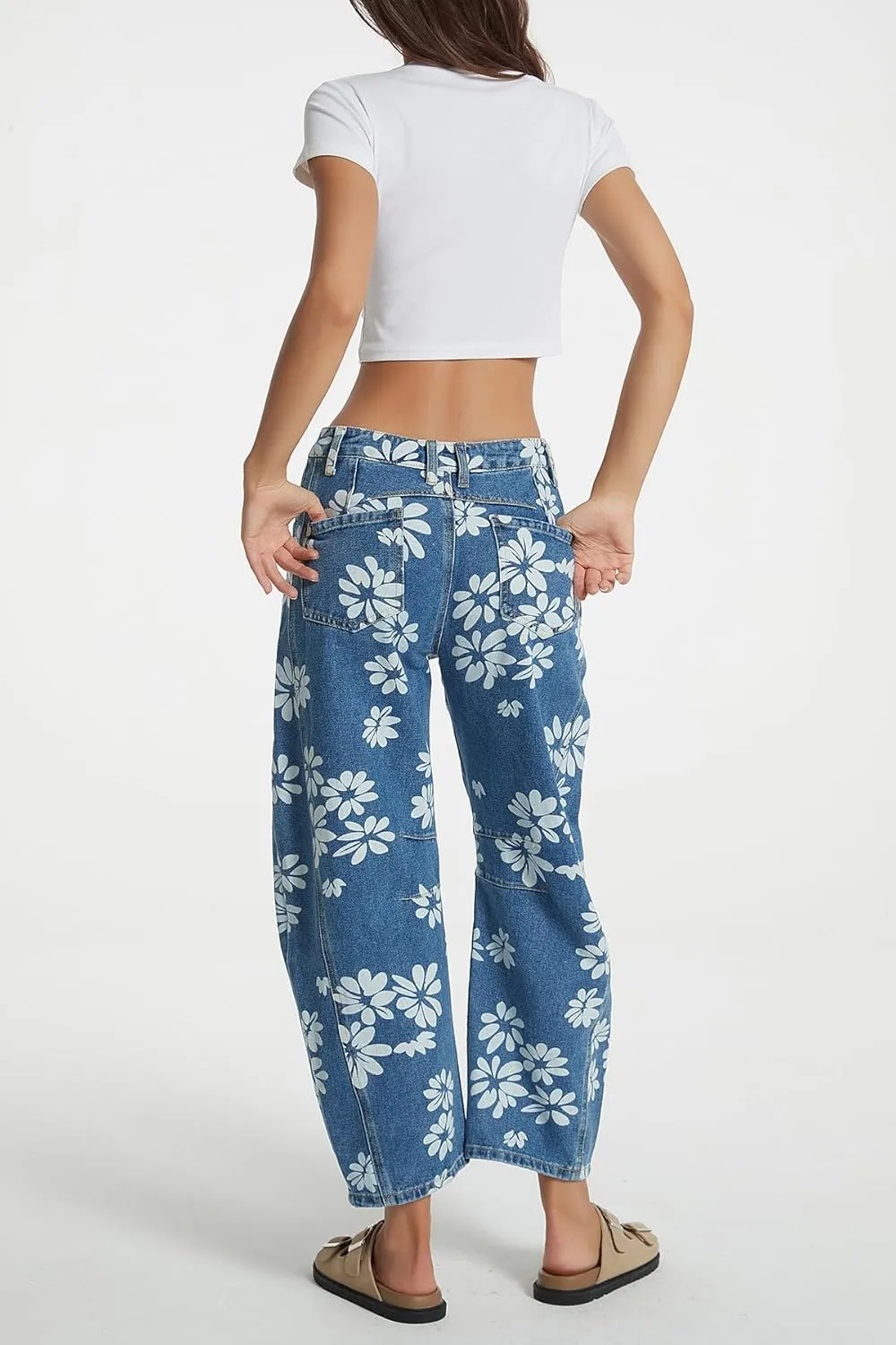 D-Sun Women Printed Barrel Jeans Casual Low Rise Floral Printed Cropped Wide Leg Denim Pants Boyfriend Baggy Jean with Pocket