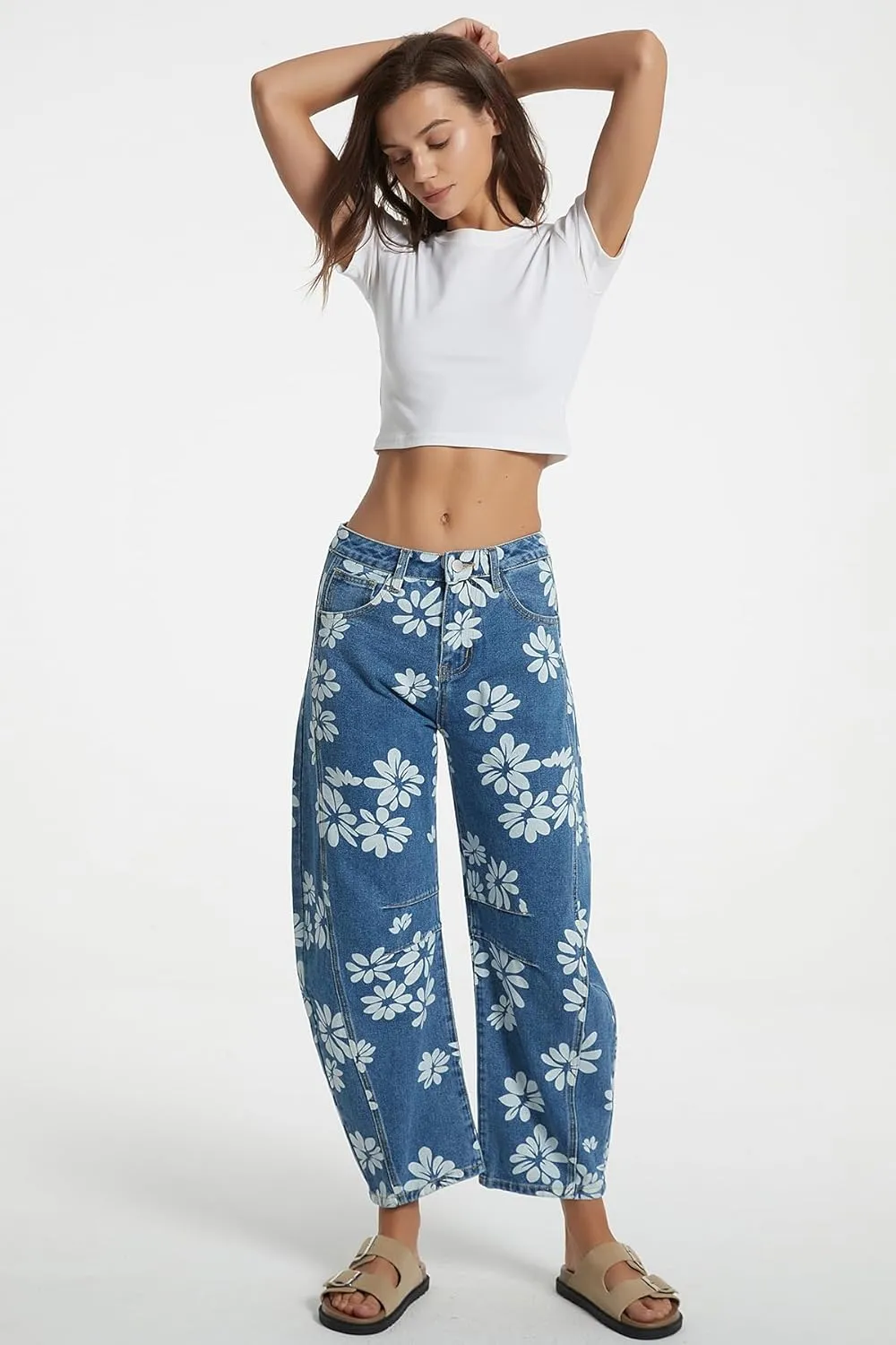 D-Sun Women Printed Barrel Jeans Casual Low Rise Floral Printed Cropped Wide Leg Denim Pants Boyfriend Baggy Jean with Pocket