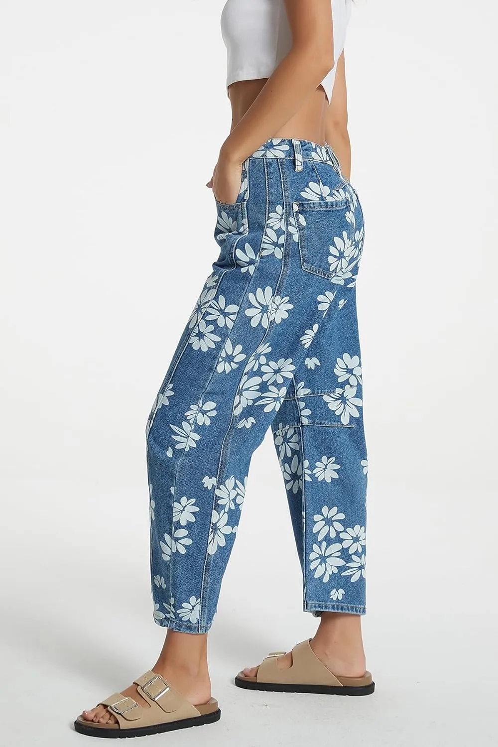 D-Sun Women Printed Barrel Jeans Casual Low Rise Floral Printed Cropped Wide Leg Denim Pants Boyfriend Baggy Jean with Pocket