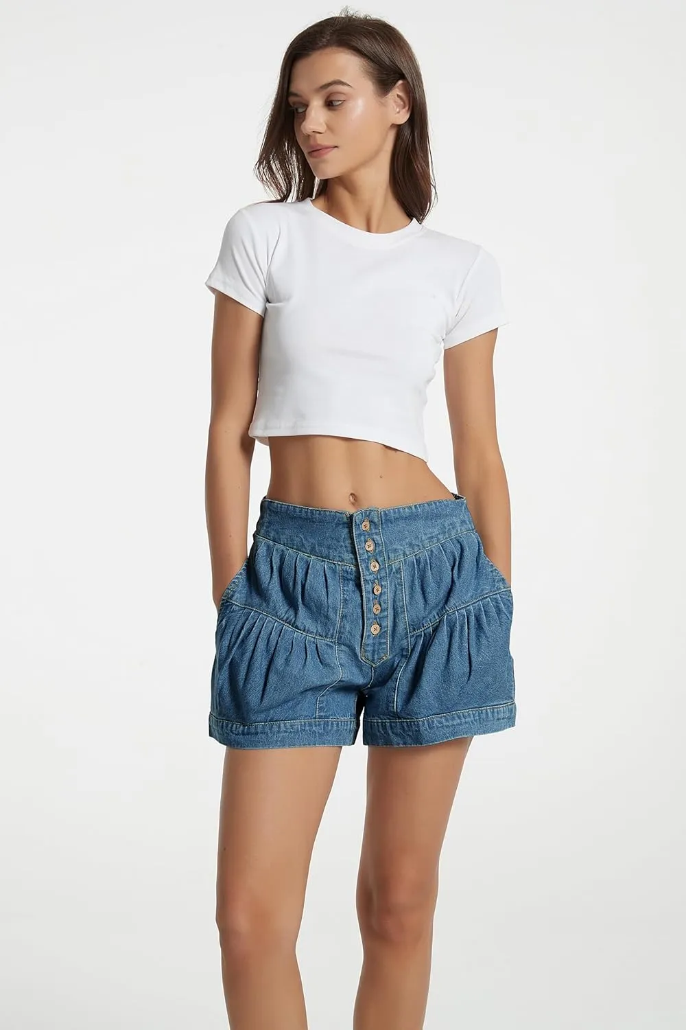 D-Sun Women's 2025 Denim Shorts Casual Elastic High Waisted Pleated Ruffle Summer Flowy Jean Shorts