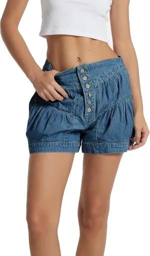 D-Sun Women's 2025 Denim Shorts Casual Elastic High Waisted Pleated Ruffle Summer Flowy Jean Shorts