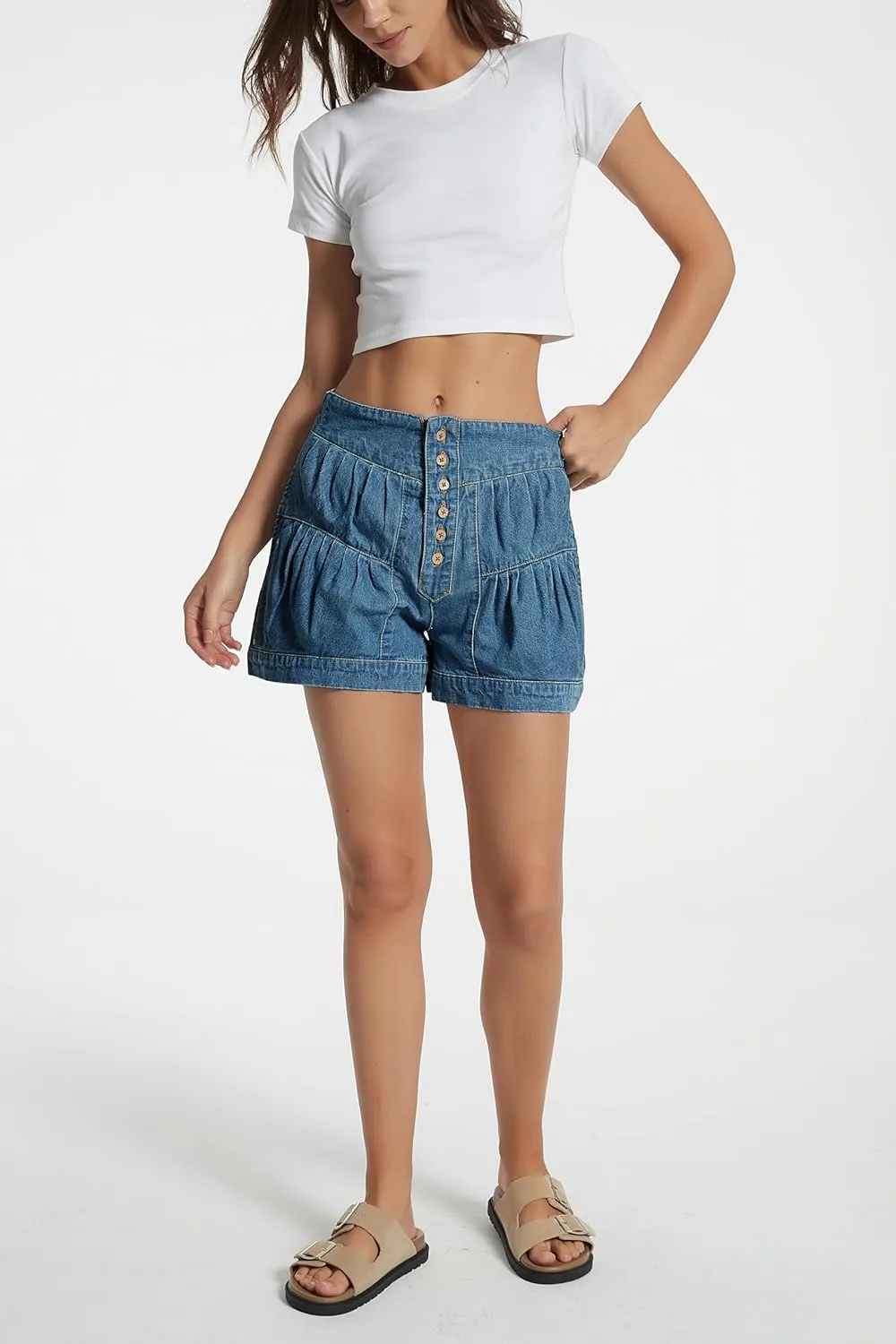 D-Sun Women's 2025 Denim Shorts Casual Elastic High Waisted Pleated Ruffle Summer Flowy Jean Shorts