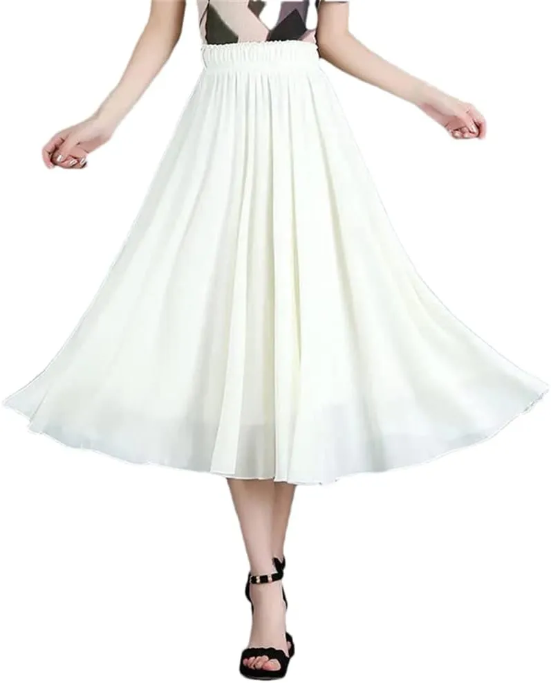 DBFBDTU Women Solid Color Elastic High Waist Chiffon Midi Skirts Office Lady Loose Pleated Skirts Summer