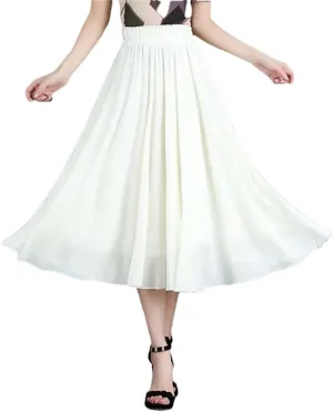 DBFBDTU Women Solid Color Elastic High Waist Chiffon Midi Skirts Office Lady Loose Pleated Skirts Summer