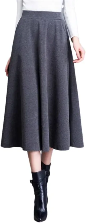 DBFBDTU Woolen Pockets Office Lady Midi Skirts Pleated Elastic High Waist A-Line Skirt