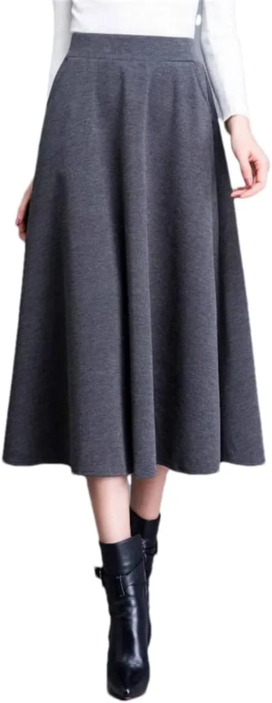 DBFBDTU Woolen Pockets Office Lady Midi Skirts Pleated Elastic High Waist A-Line Skirt