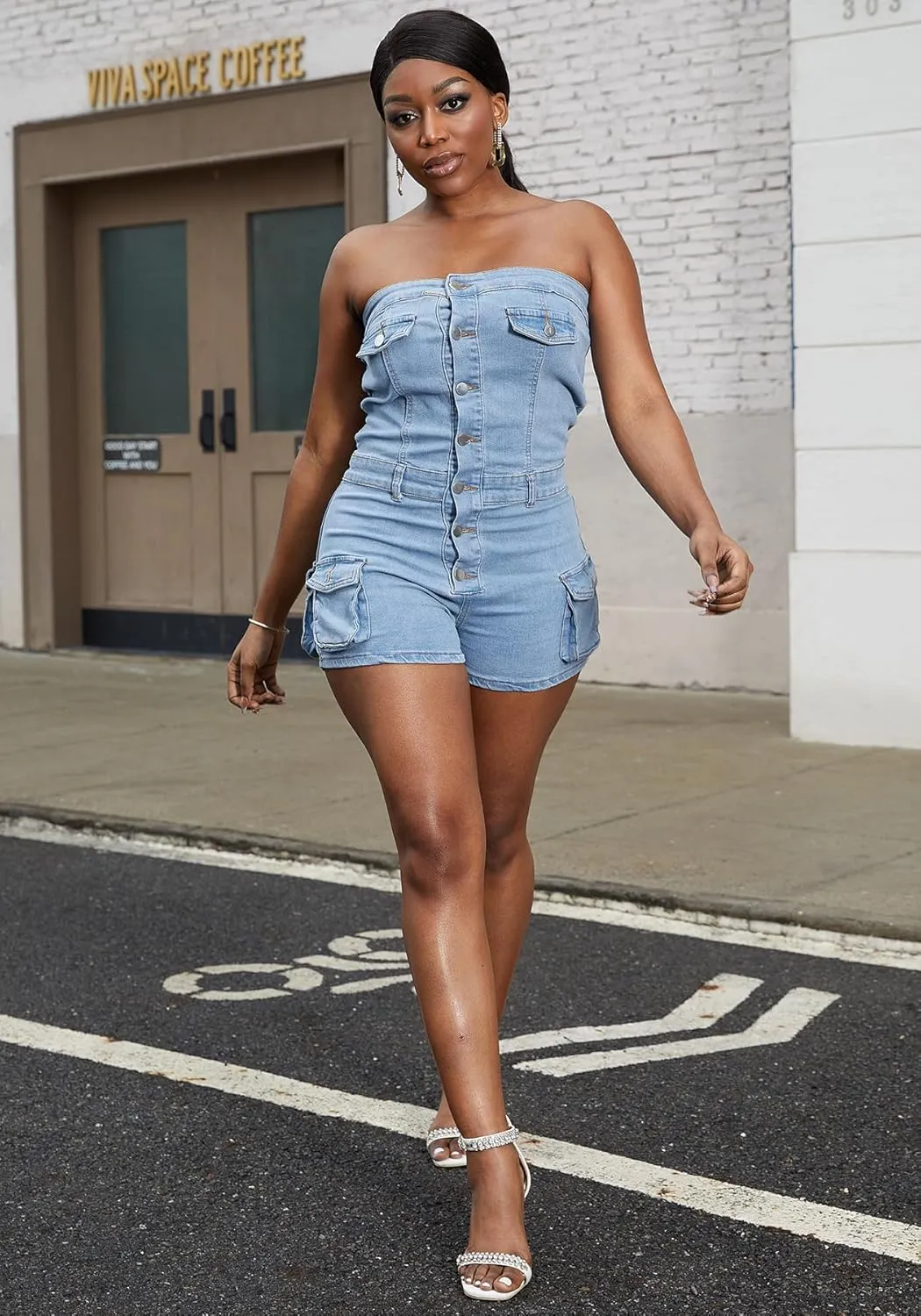 Denim Shorts Jumpsuit for Women, Summer Cargo Casual Pockets One Piece Strapless Romper Jean Overalls Shorts