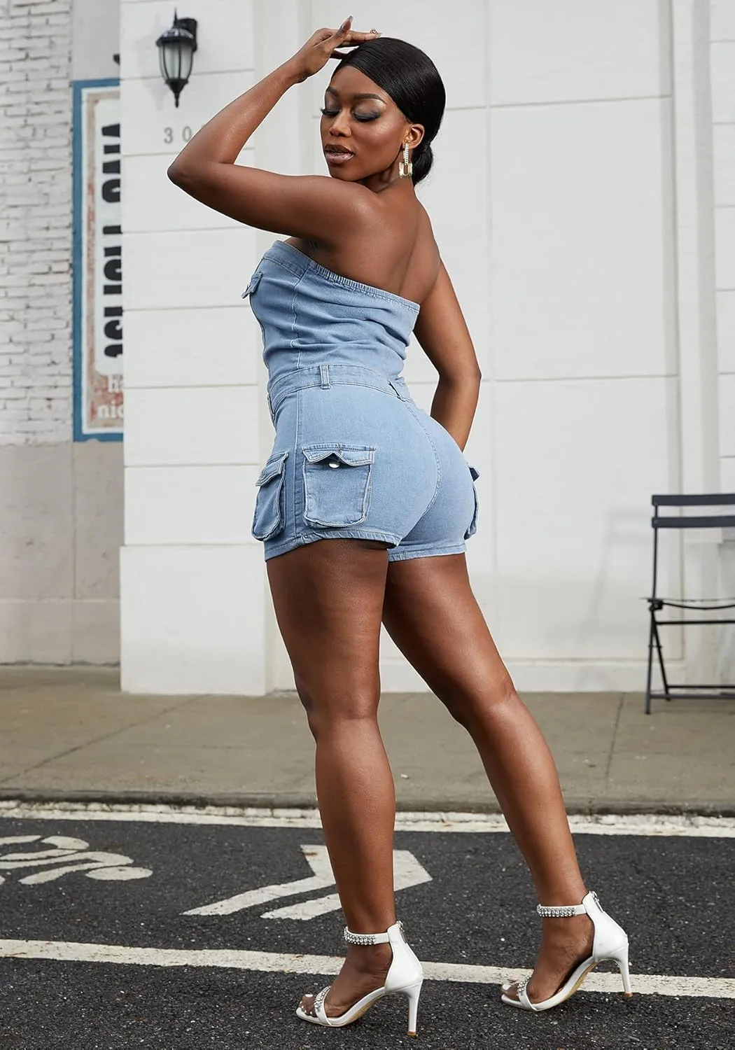 Denim Shorts Jumpsuit for Women, Summer Cargo Casual Pockets One Piece Strapless Romper Jean Overalls Shorts