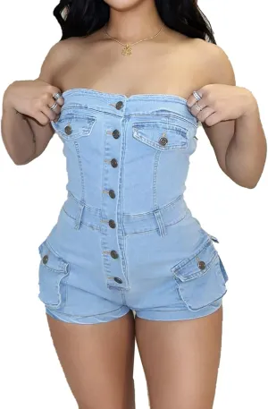 Denim Shorts Jumpsuit for Women, Summer Cargo Casual Pockets One Piece Strapless Romper Jean Overalls Shorts