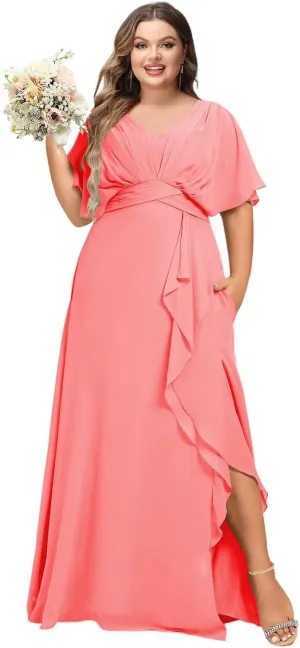 Dessiny Flutter Sleeves Plus Size Bridesmaid Dresses with Slit Chiffon V Neck Formal Party Dresses 2025 DE54