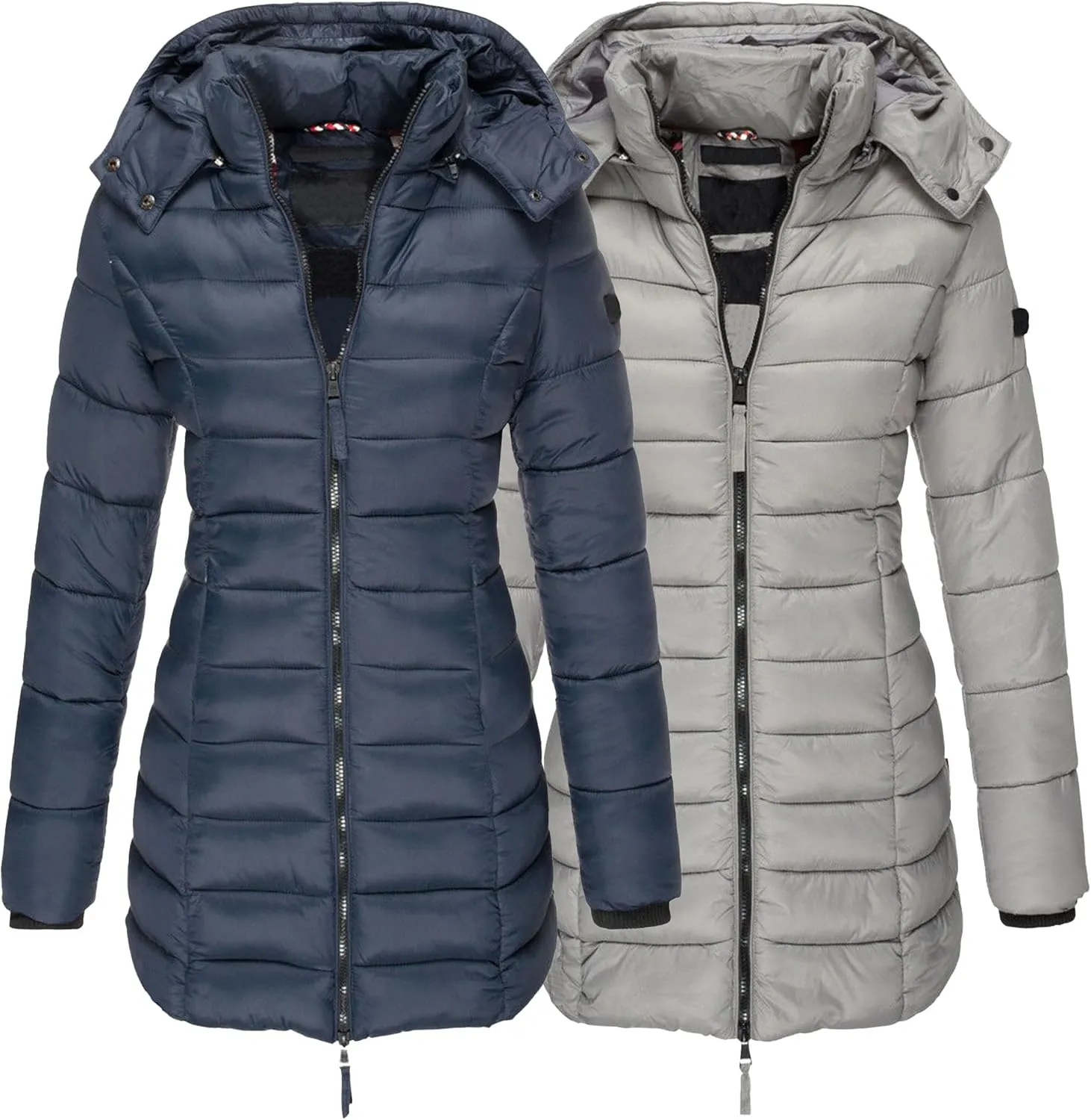 DGHM-JLMY 2 Pack Women's Warm Mid Long Down Jacket Quilted Lightweight Puffer Jacket Packable Hooded Slim Fit Puffer Coat