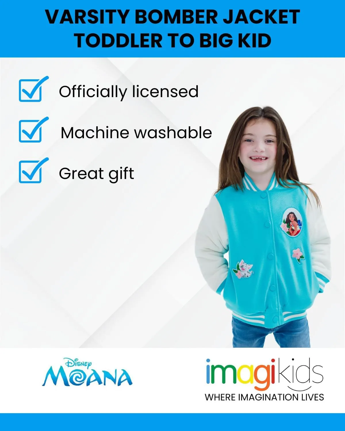 Disney Minnie Mouse Frozen Lilo & Stitch Moana Girls Varsity Bomber Jacket Toddler to Big Kid Sizes (2T - 14-16)