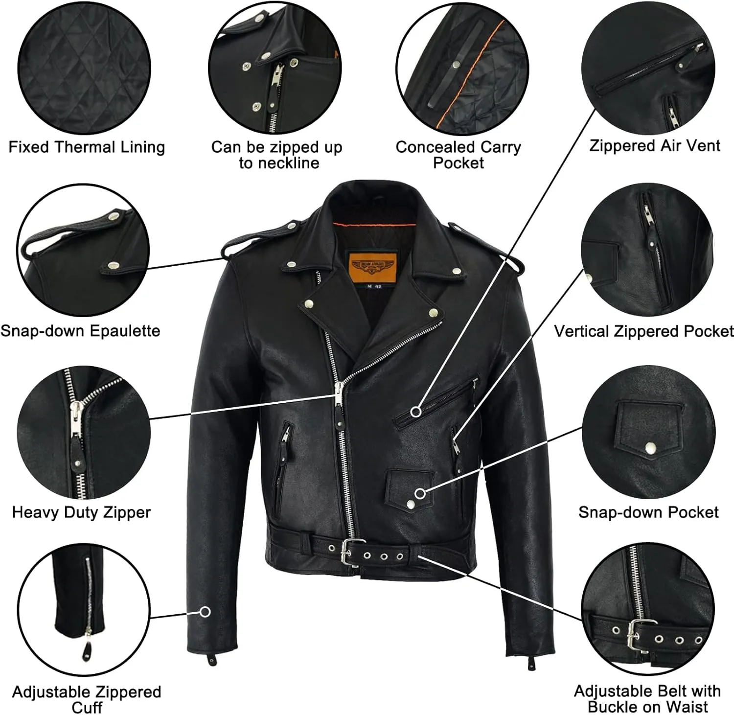 Dream Apparel Leather Motorcycle Jacket for Men Moto Riding Classic Biker Jacket, Black