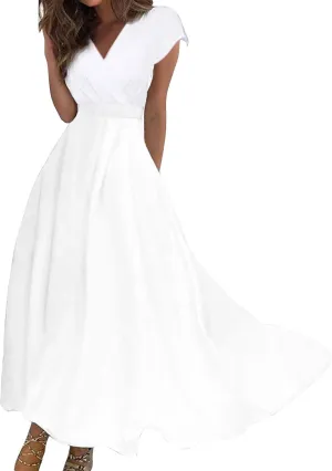 Dresses for Women 2024 Cap Sleeve Flowy Sundresses Elegant Wrap V Neck Long Dresses Floral Print Loose Maxi Dress