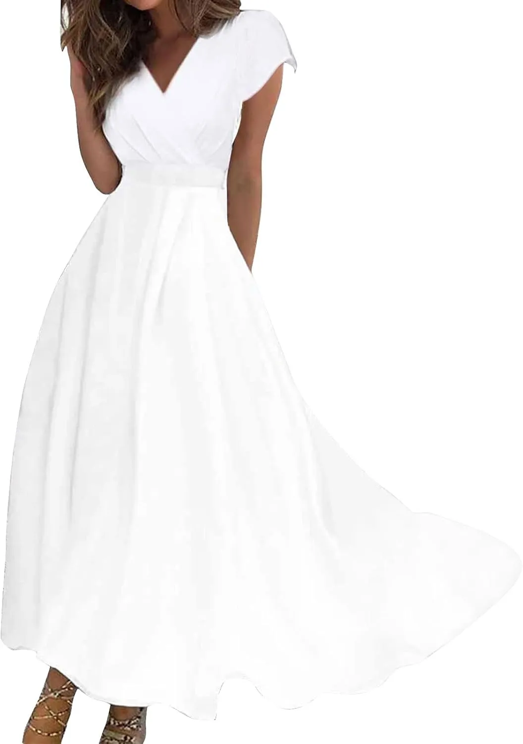 Dresses for Women 2024 Cap Sleeve Flowy Sundresses Elegant Wrap V Neck Long Dresses Floral Print Loose Maxi Dress