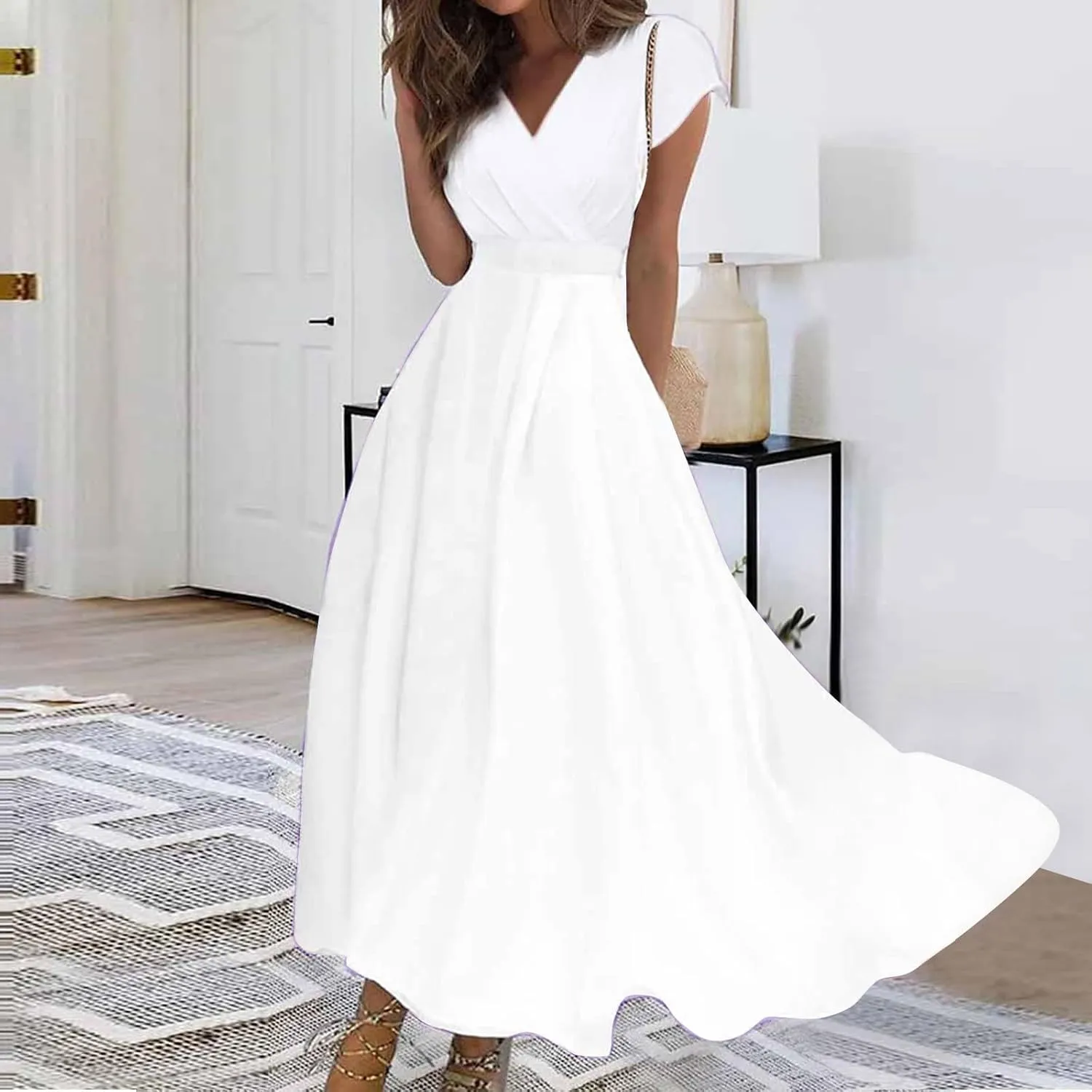 Dresses for Women 2024 Cap Sleeve Flowy Sundresses Elegant Wrap V Neck Long Dresses Floral Print Loose Maxi Dress