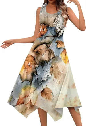 Dresses for Women 2024 Round Neck Floral Print Maxi Dress Sleeveless Flowy Beach Dresses Hankerchief Hem Dress